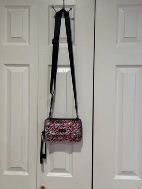Ed Hardy Pink Leopard Crossbody Bag with Black Strap